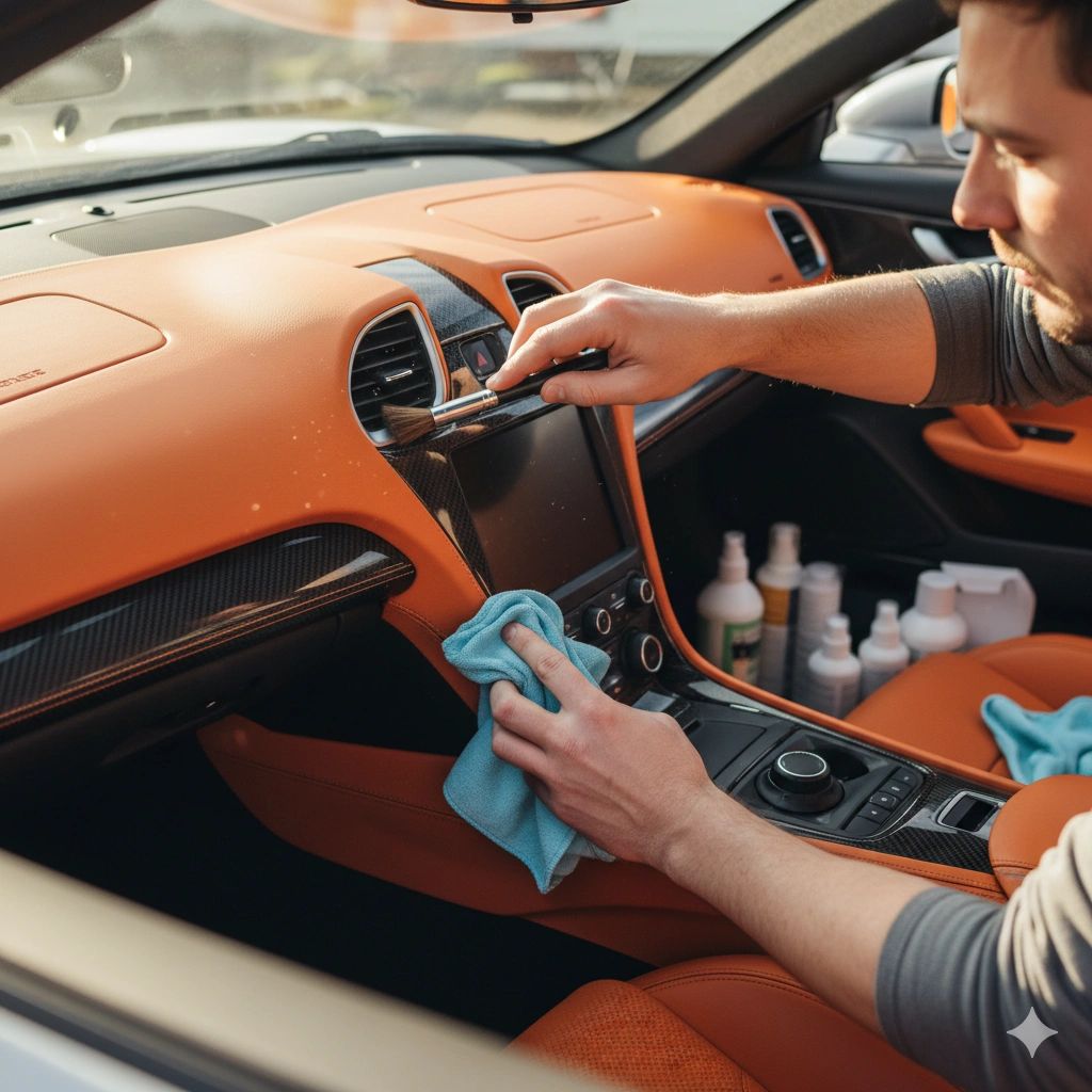 Detailer wiping down an orange leather interior