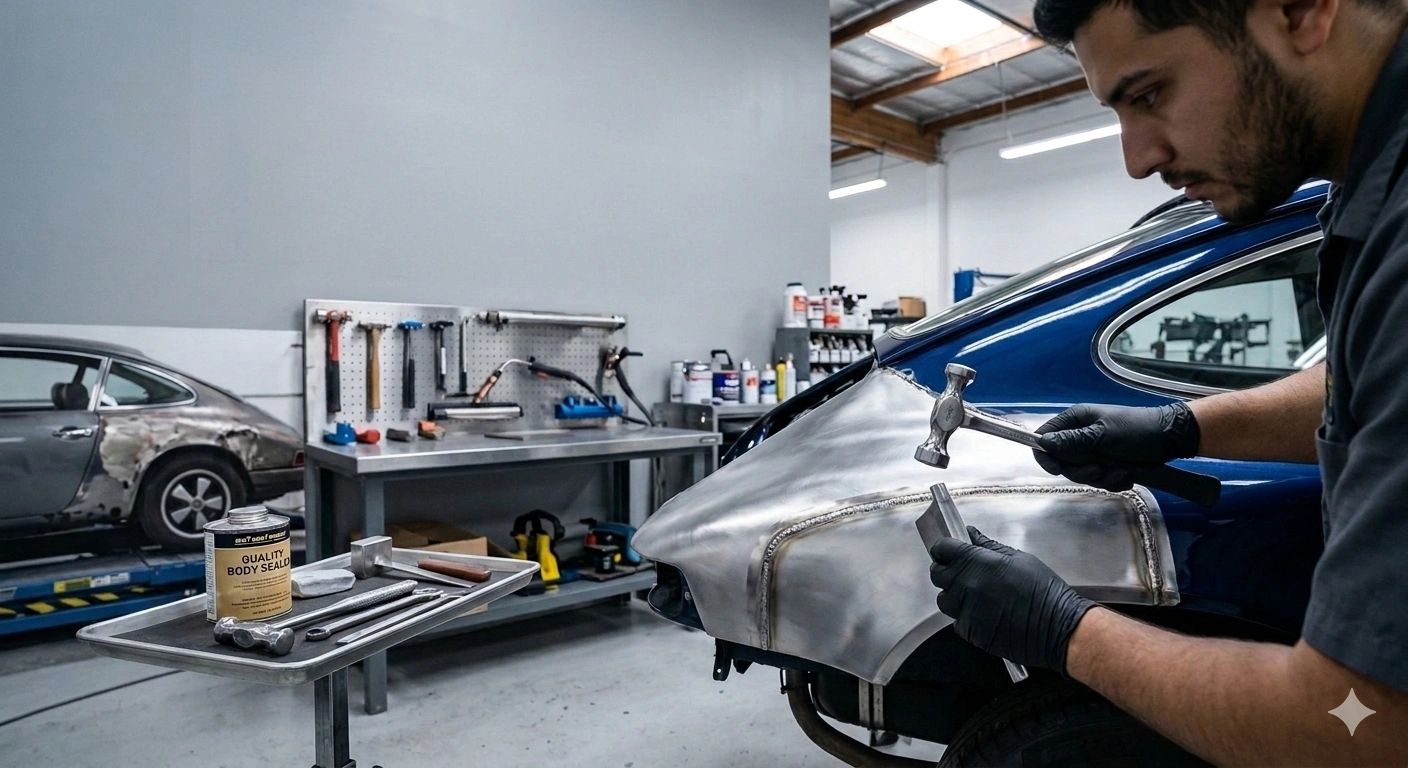 Technician working on a car body panel in the shop