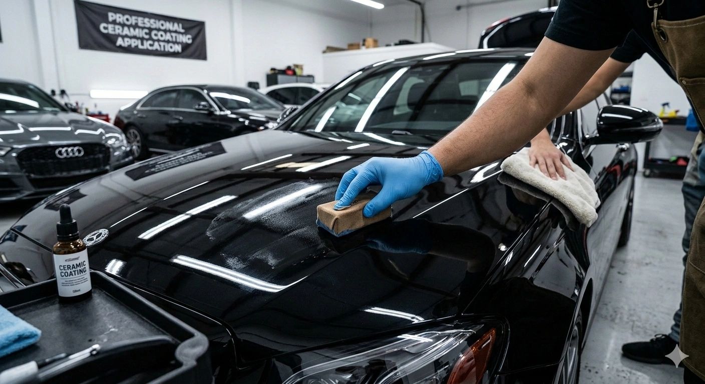 Gloved hand applying ceramic coating to a black car