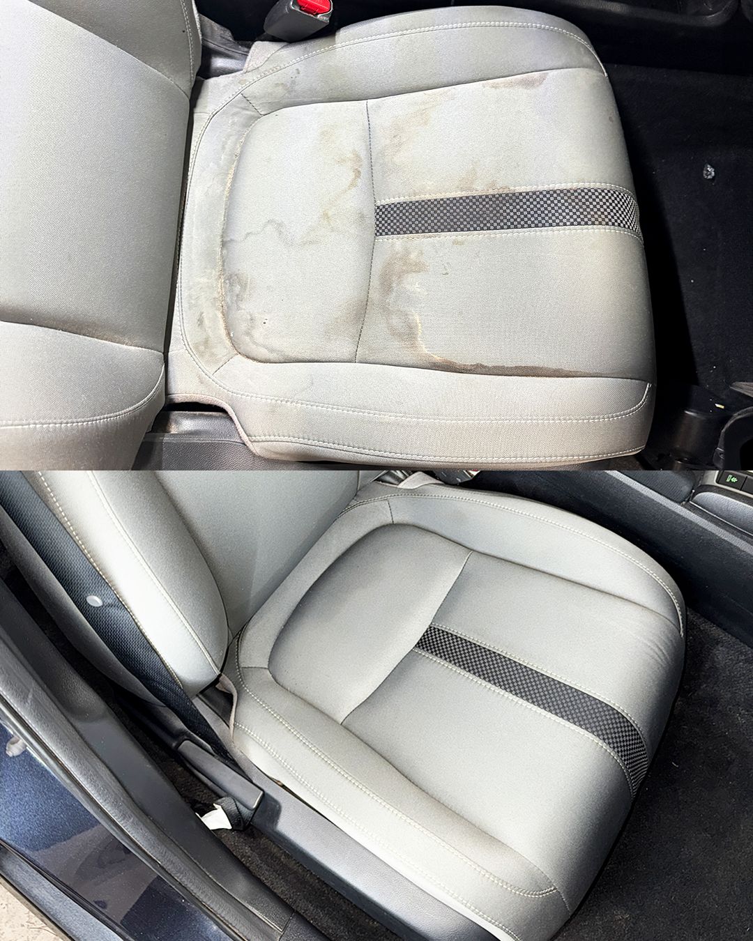 Before and after of a stained seat cleaned by interior detailing