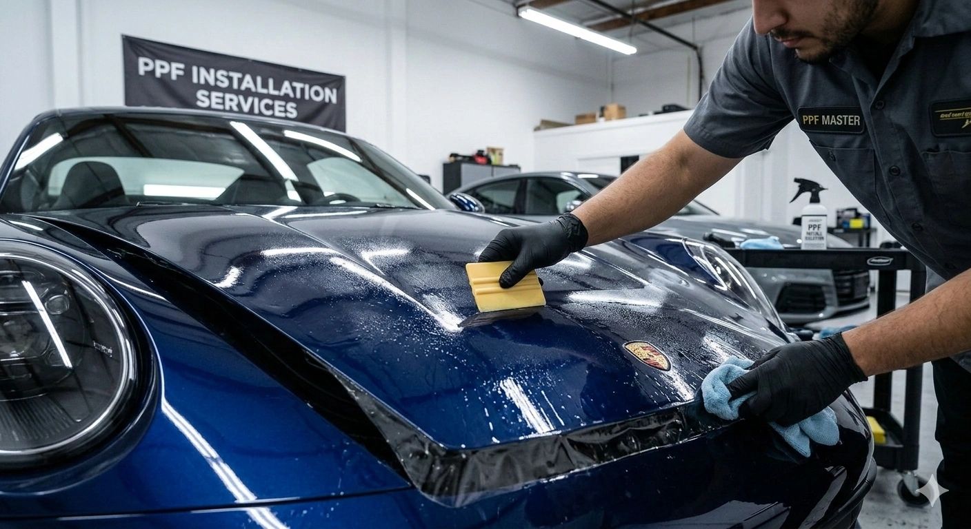Paint protection film being installed on a black car